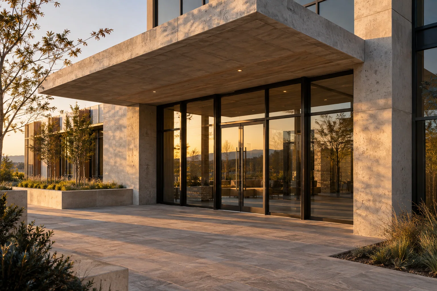 Illustrative concrete and glass commercial entrance